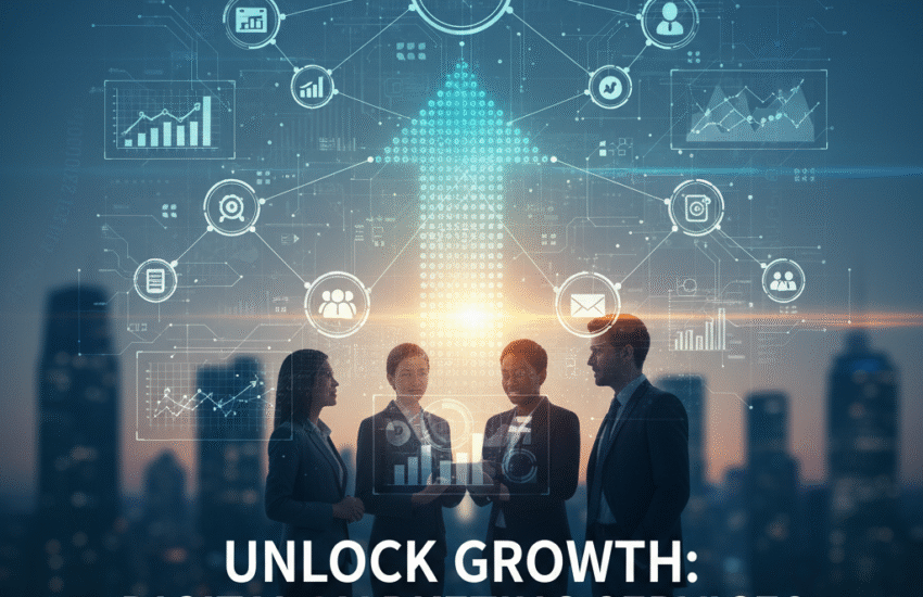 Four professionals collaborating with a digital marketing growth arrow overlay and data visuals representing SEO, PPC, and social media services by Crackwebsolution.