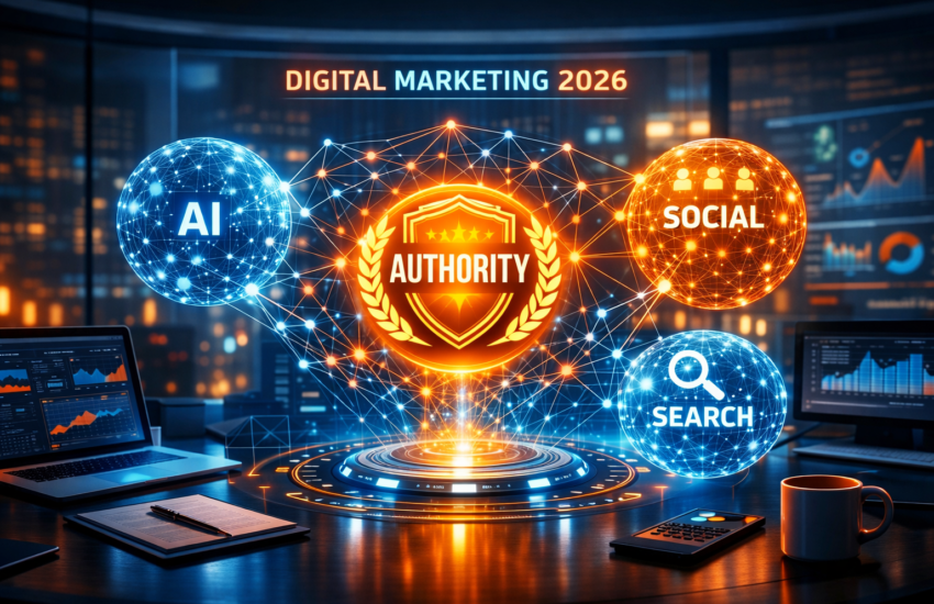 Digital Marketing 2026 concept showing AI, social media, and search connected to brand authority with data dashboards in futuristic workspace