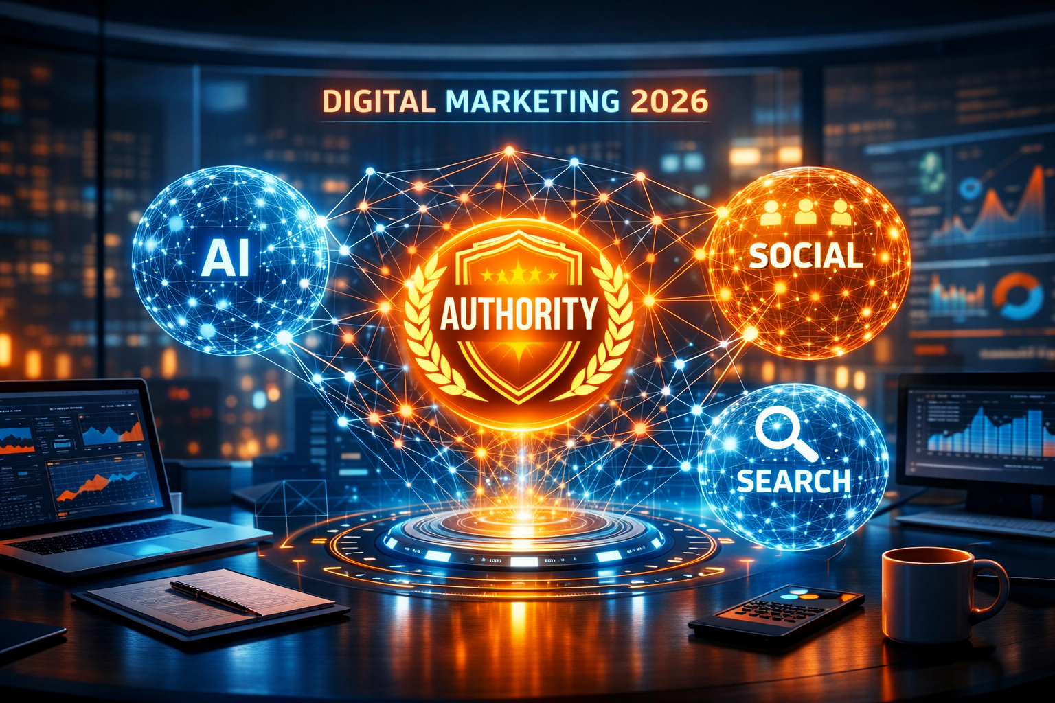 Digital Marketing 2026 concept showing AI, social media, and search connected to brand authority with data dashboards in futuristic workspace