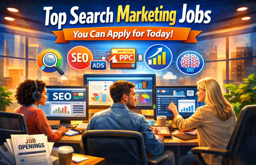 Top search marketing professionals working on SEO, PPC, and analytics dashboards in a modern office, representing latest search marketing jobs and digital marketing careers.