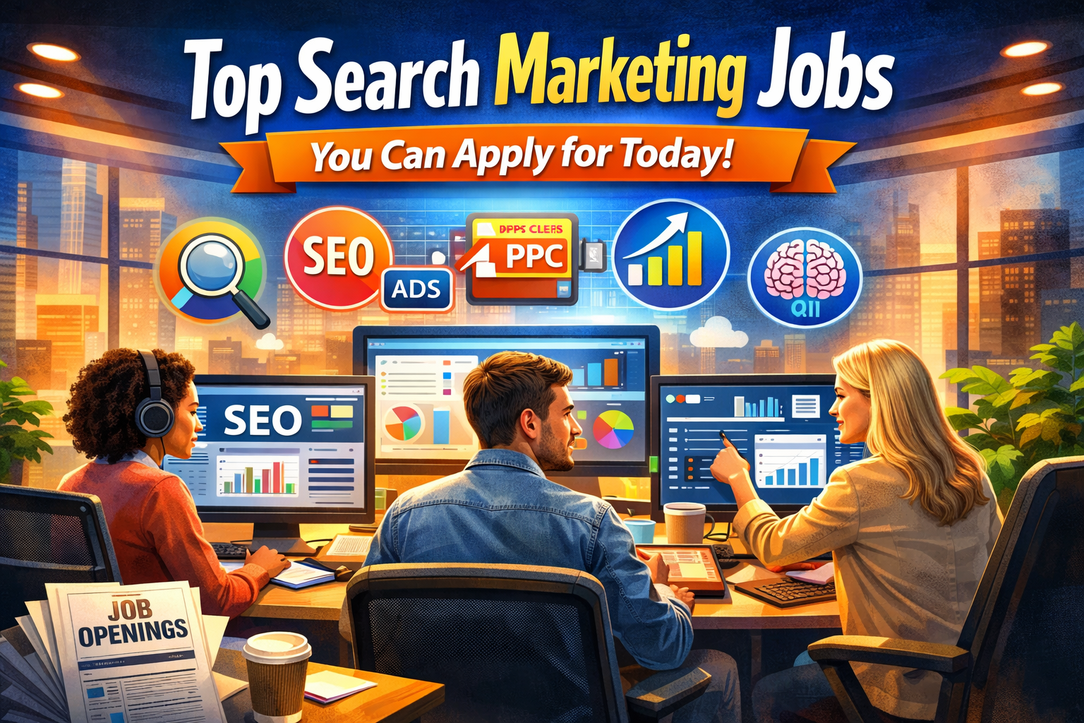 Top search marketing professionals working on SEO, PPC, and analytics dashboards in a modern office, representing latest search marketing jobs and digital marketing careers.