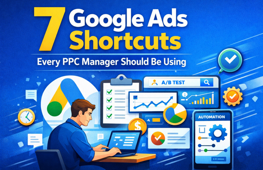 Google Ads shortcuts illustration showing PPC manager optimizing campaigns with automation tools, charts, and A/B testing dashboard