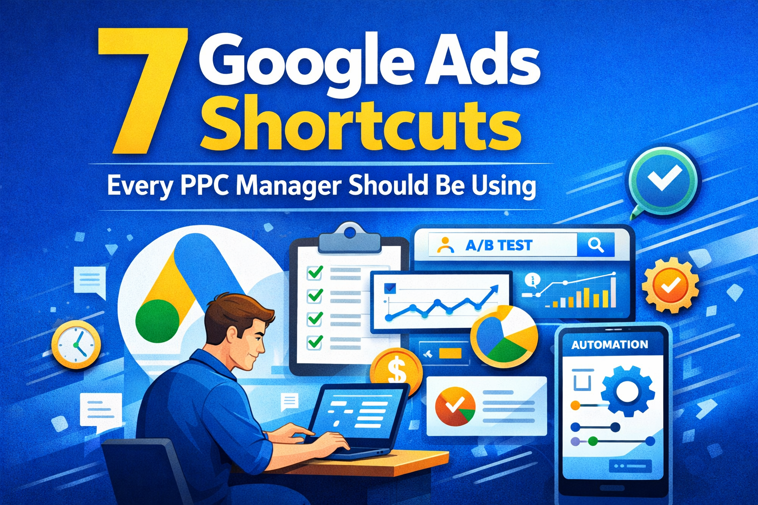 Google Ads shortcuts illustration showing PPC manager optimizing campaigns with automation tools, charts, and A/B testing dashboard