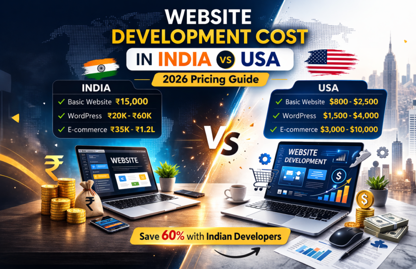 Website development cost in India vs USA comparison infographic showing pricing for business, WordPress and e-commerce websites in 2026