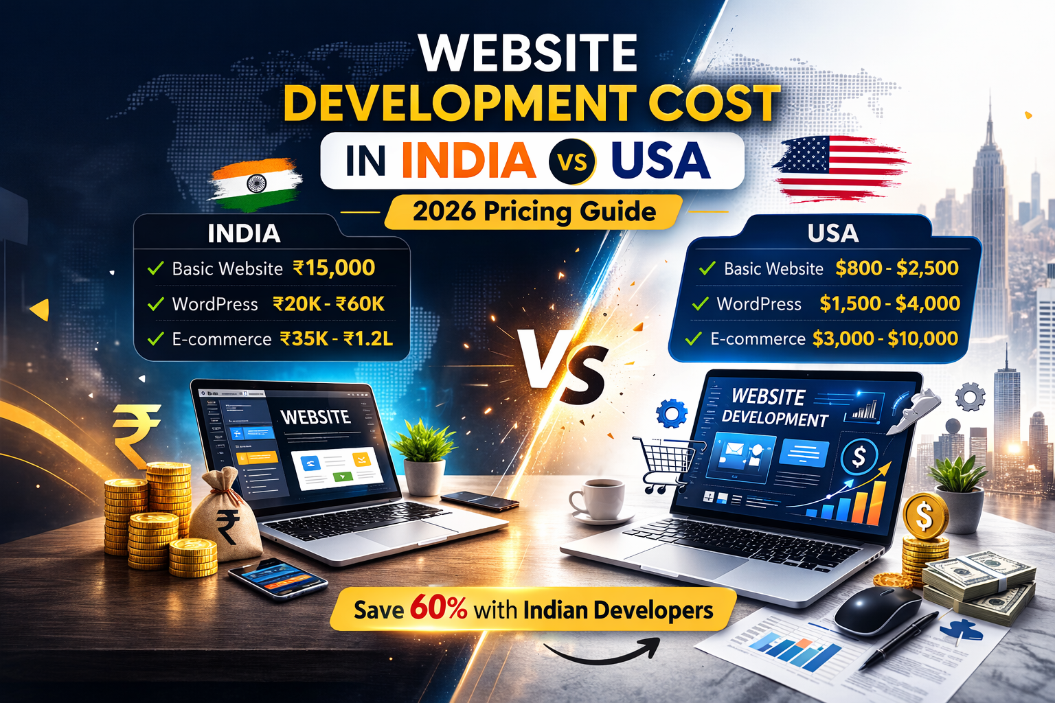 Website development cost in India vs USA comparison infographic showing pricing for business, WordPress and e-commerce websites in 2026