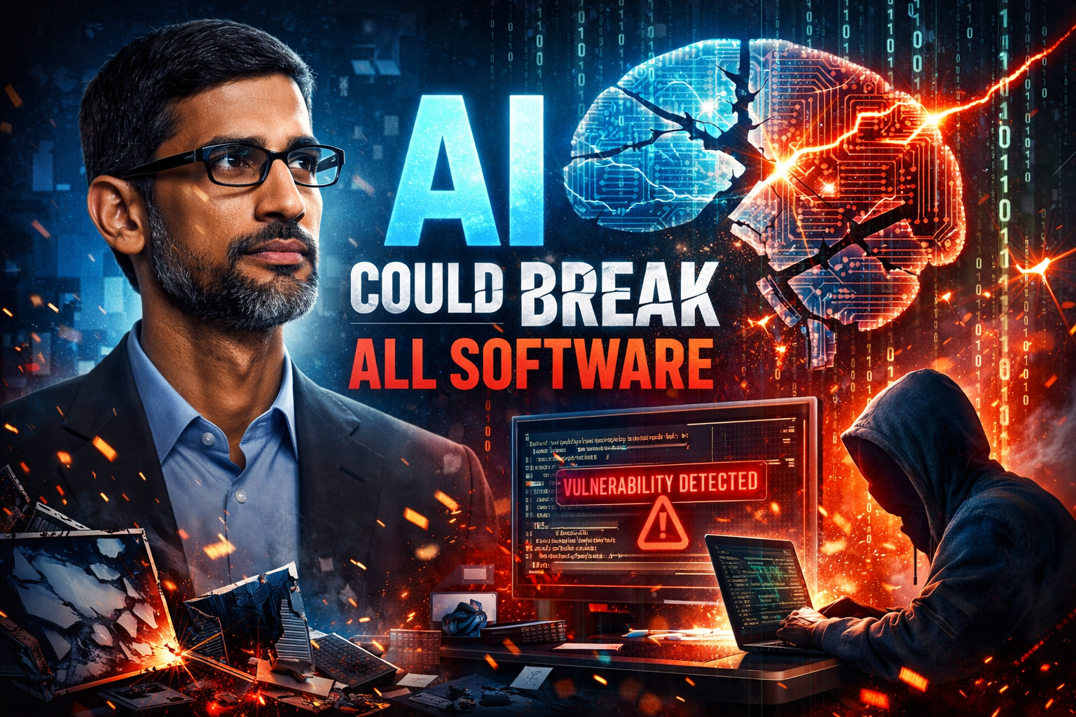 AI breaking software systems concept with cybersecurity threat and Sundar Pichai warning illustration