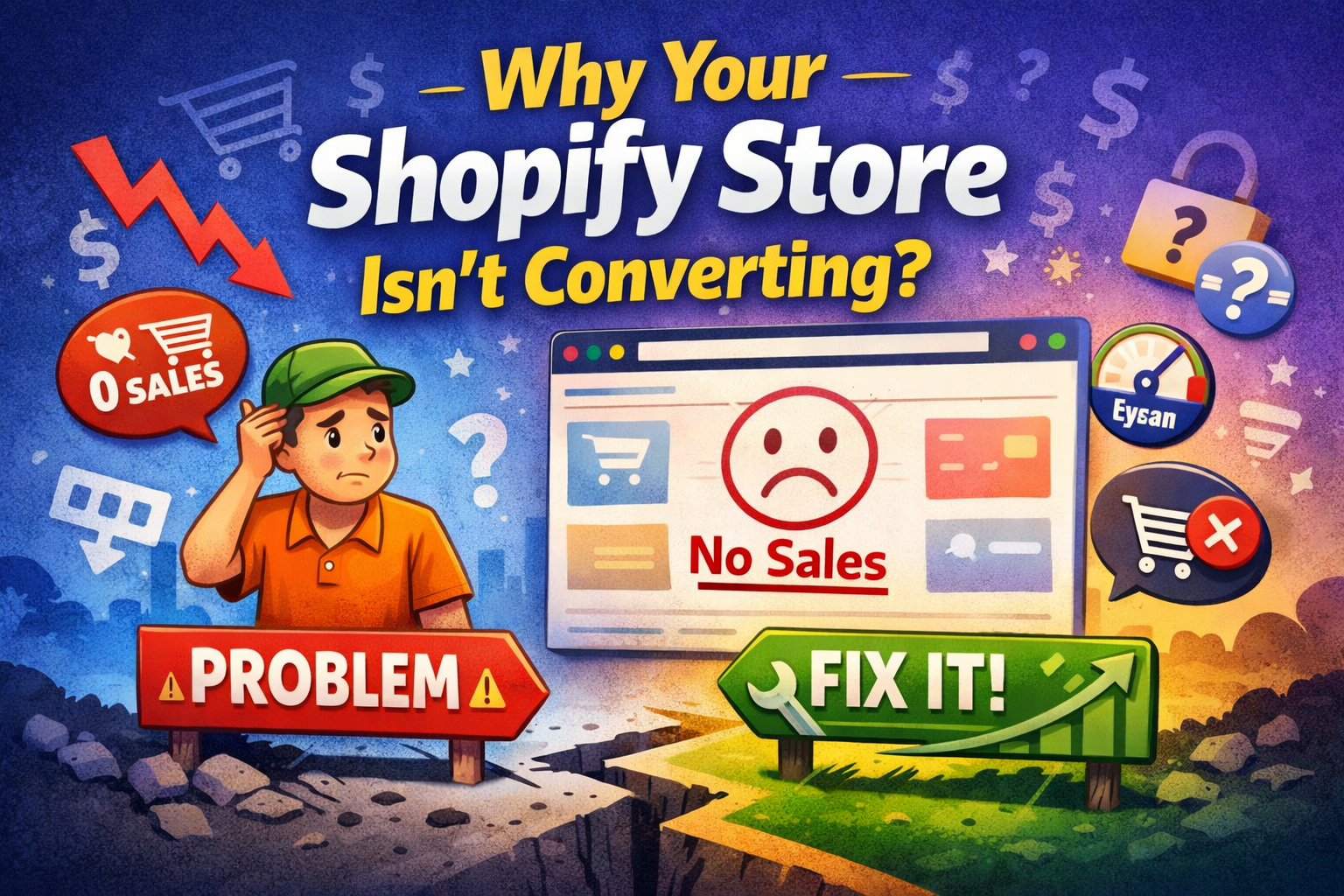 Why Shopify store is not converting illustration showing no sales problem and conversion fix strategy